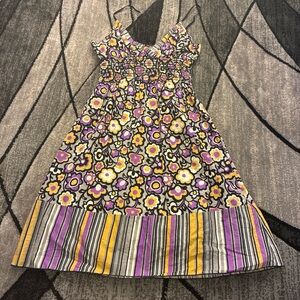 Floral Smocked Midi Dress with Striped Hem - Purple & Yellow